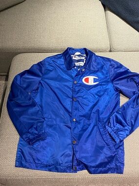 Champion Men's Electric Blue Coach Jacket with Red & White Logo vintage small